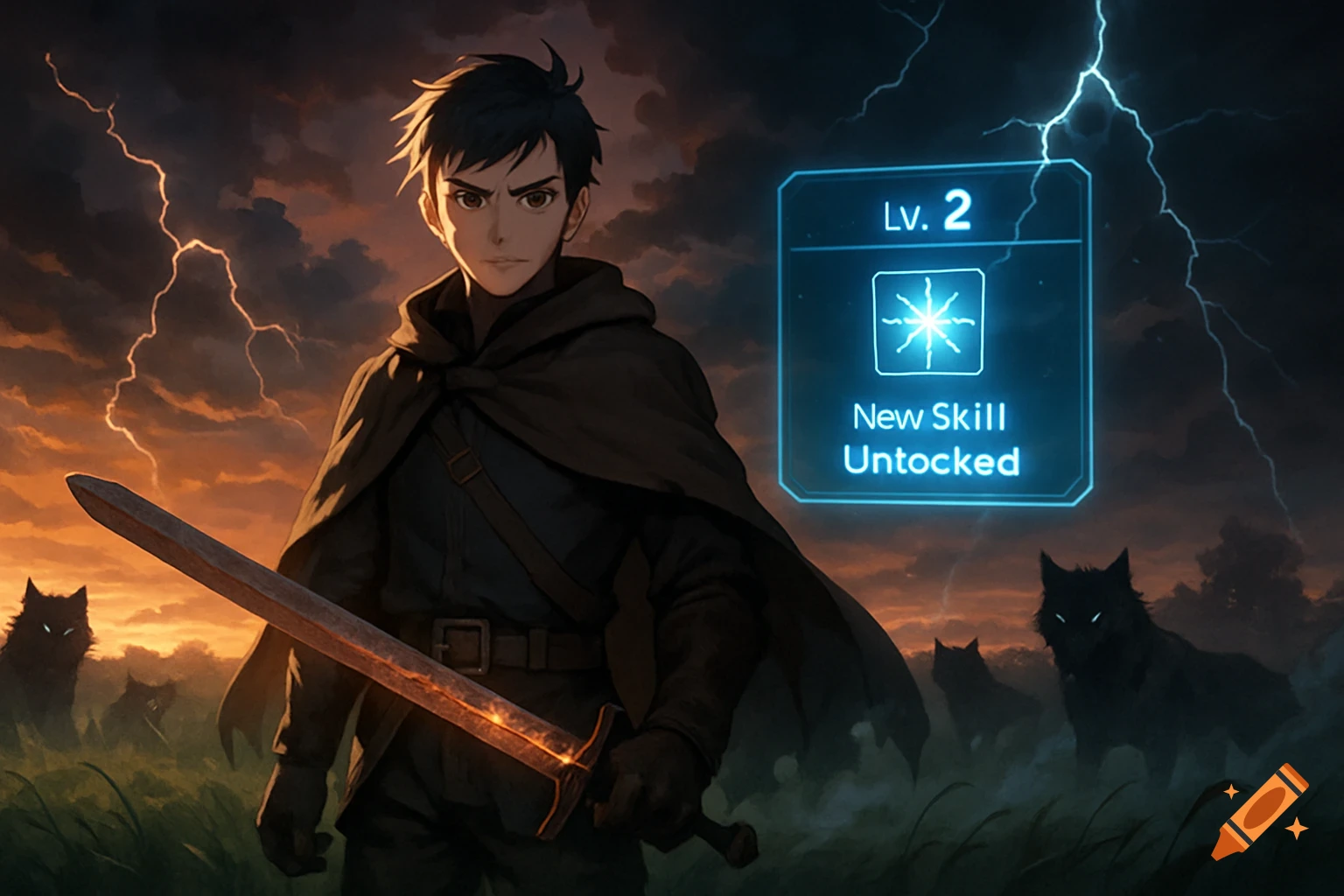 Anime-style young adventurer with a glowing sword stands in a stormy field with wolves, a 'New Skill Untocked' HUD element shown.