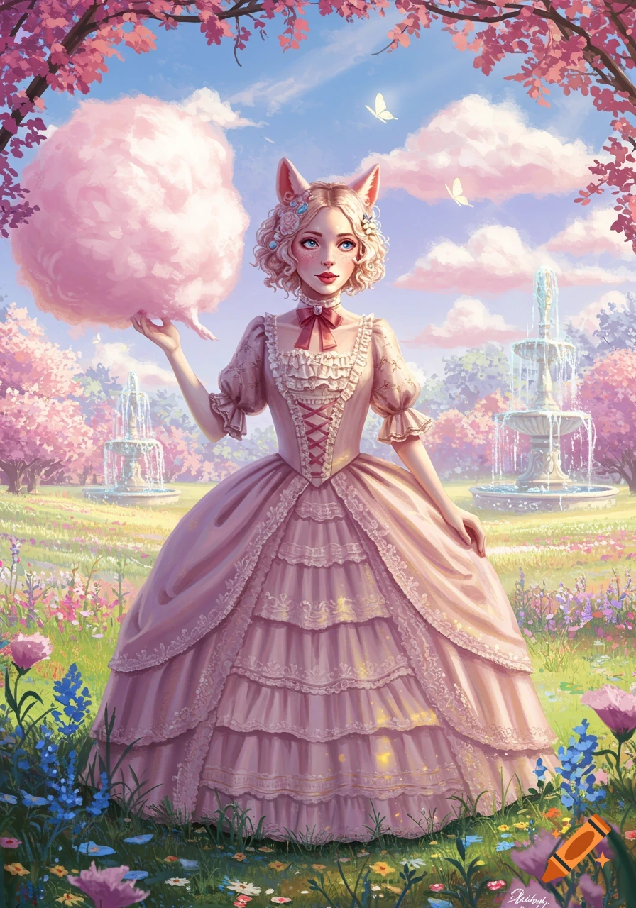 A blonde girl with cat ears and a pink rococo dress holds cotton candy in a dreamy spring garden with cherry blossoms and fountains.