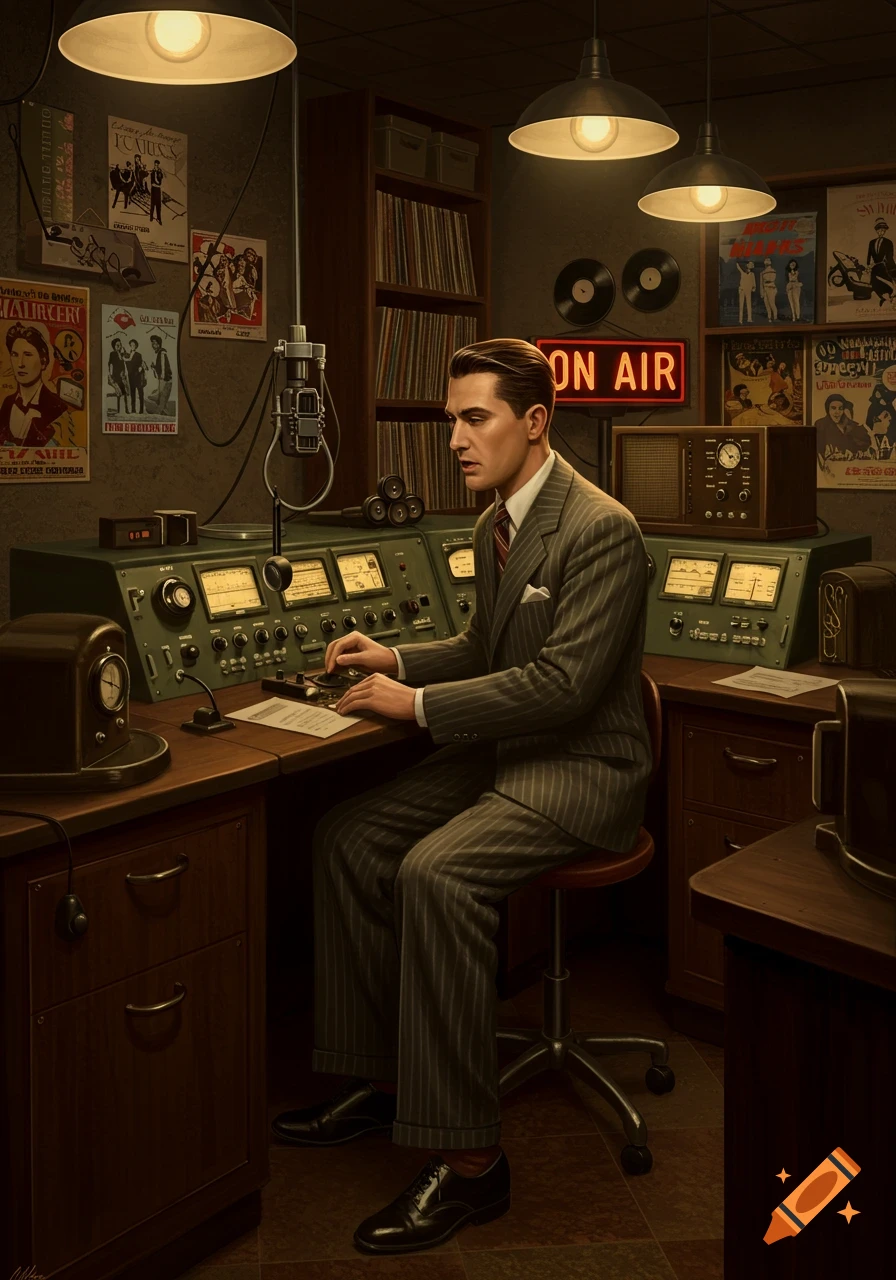 A man in a pinstripe suit sits at a vintage radio console in a dimly lit studio with an 'ON AIR' sign, records, and posters.