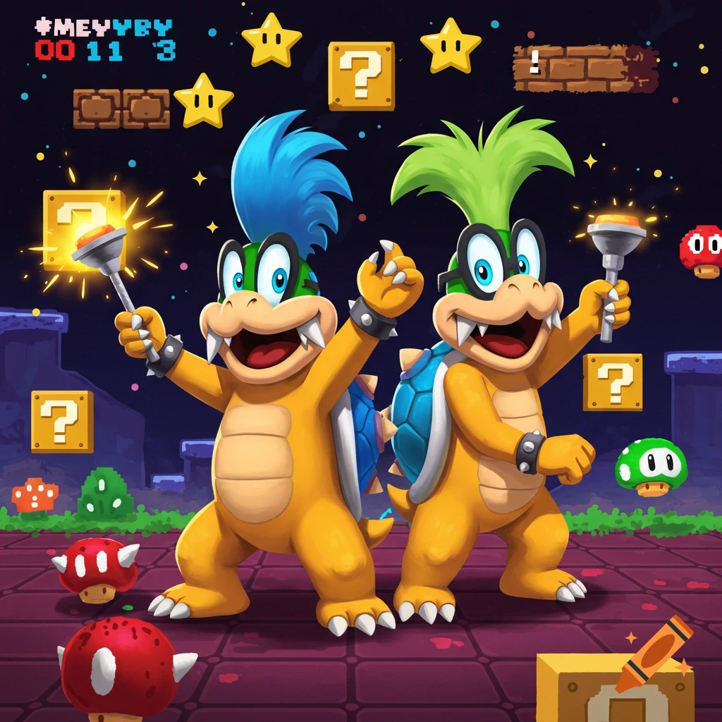 Larry Koopa and Iggy Koopa from Super Mario, holding items, on a game-like platform background with stars and question blocks.