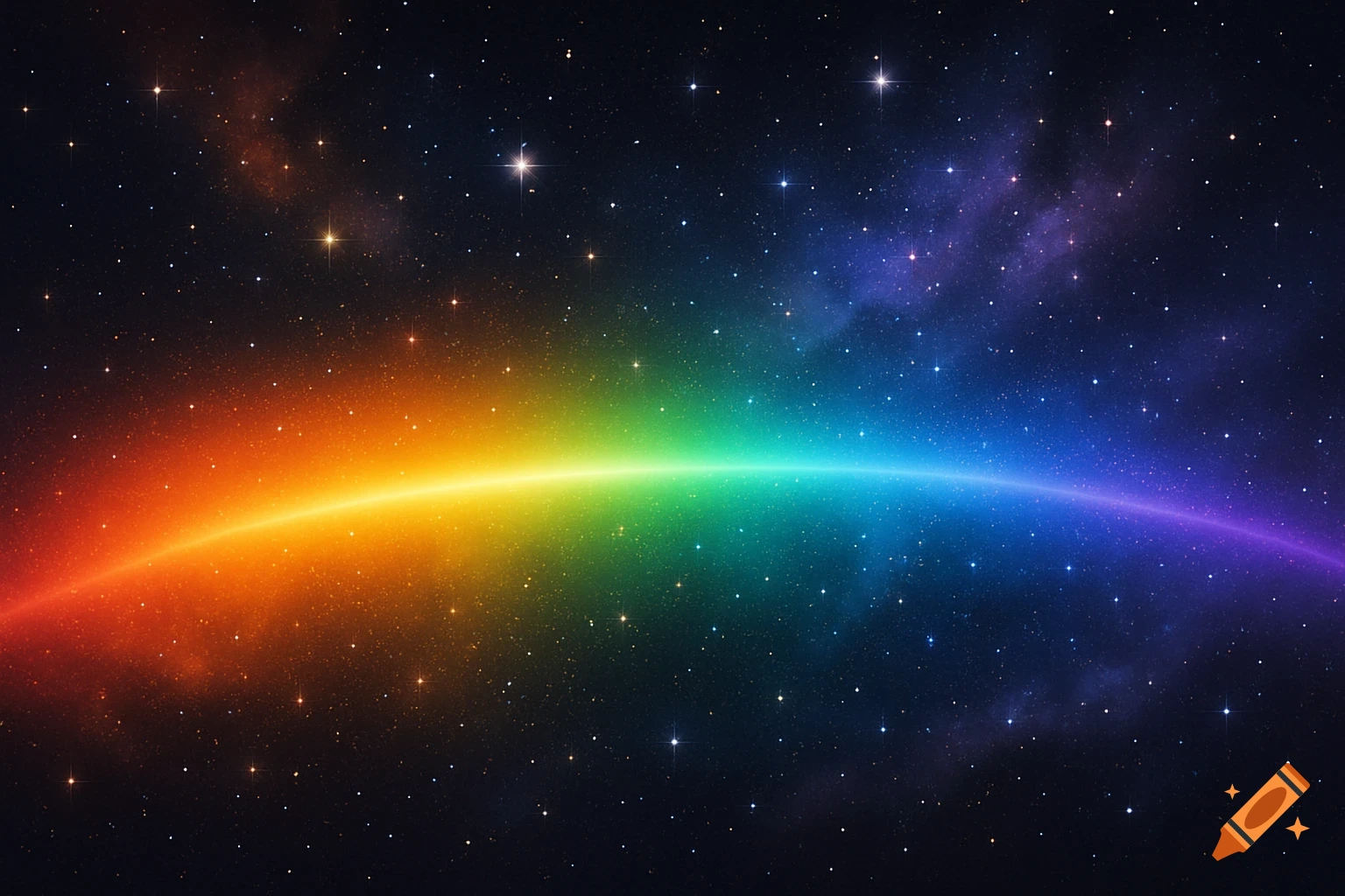 A vibrant rainbow spectrum of light curves across a dark starry space with nebulae.