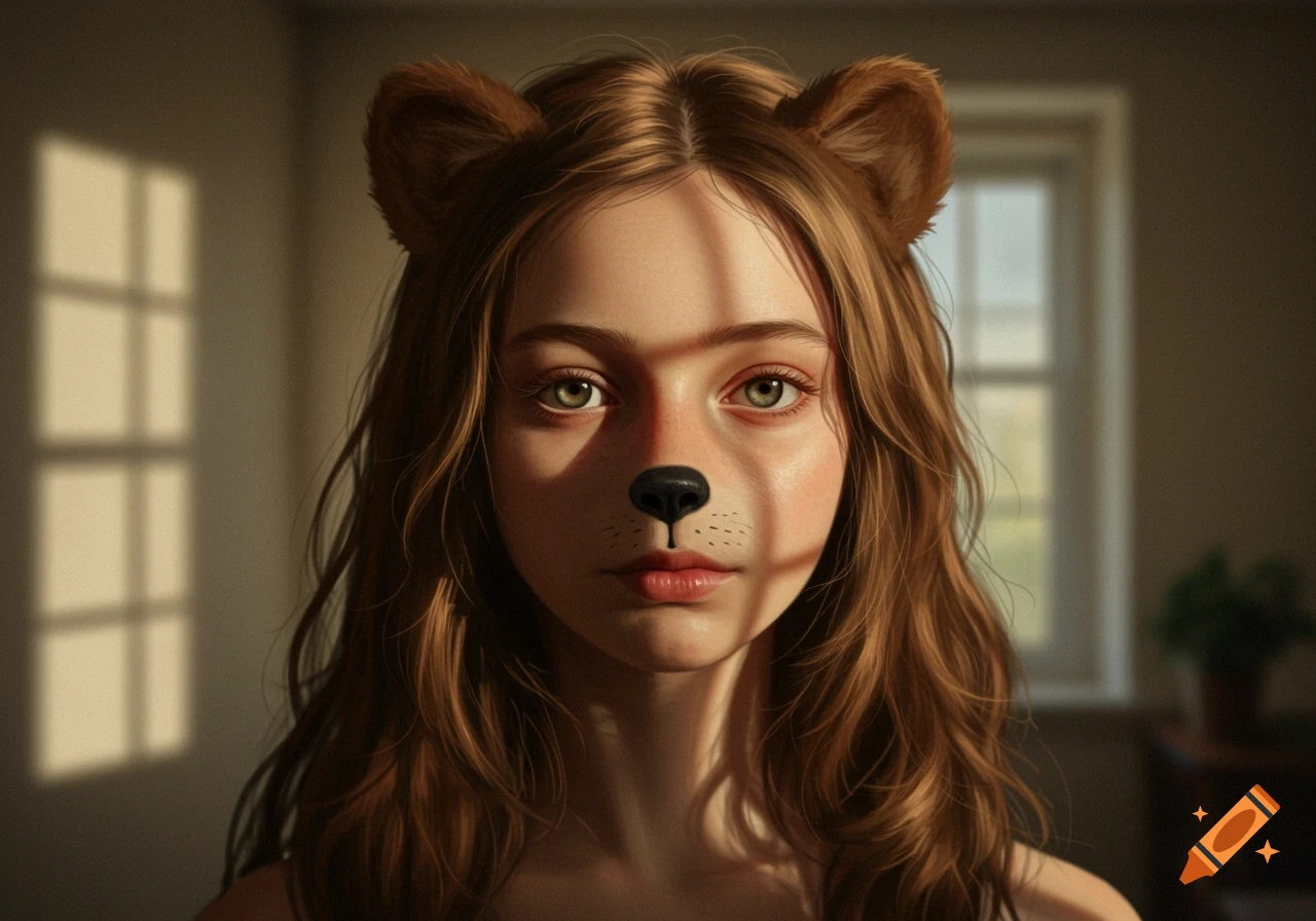 A photorealistic portrait of a young girl with brown bear ears and a black bear nose, long brown hair, lit by window shadows.