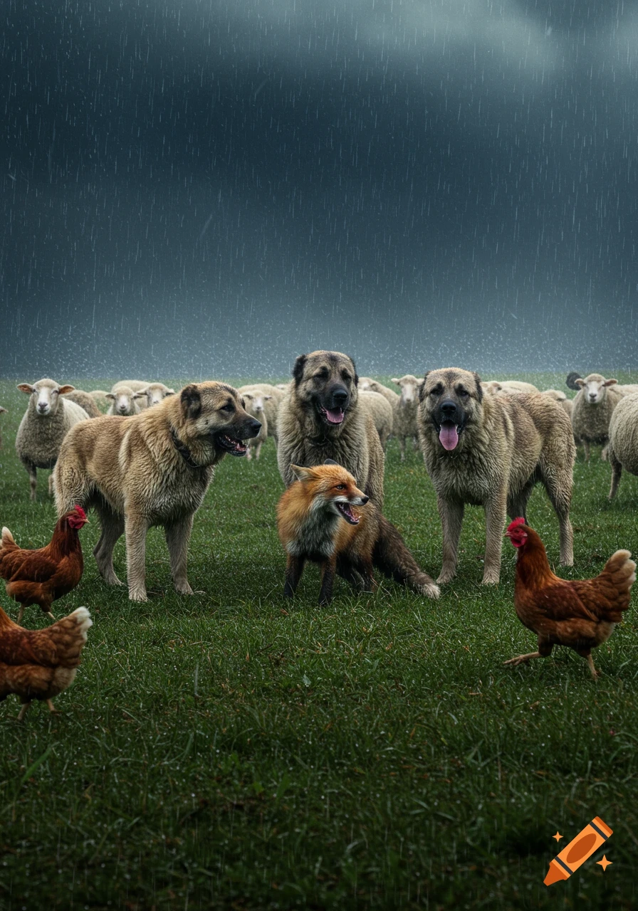 Photorealistic scene of several large shepherd dogs surrounding a fox in a rainy green field, with chickens and sheep nearby.