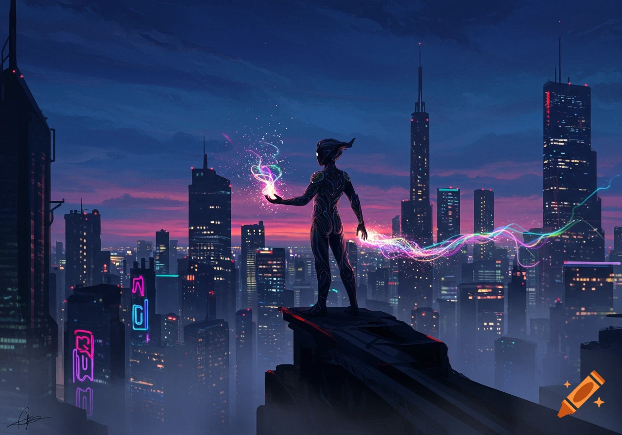 A stylized figure stands on a skyscraper overlooking a futuristic city at dusk, emitting colorful magic from their hand. Digital art.