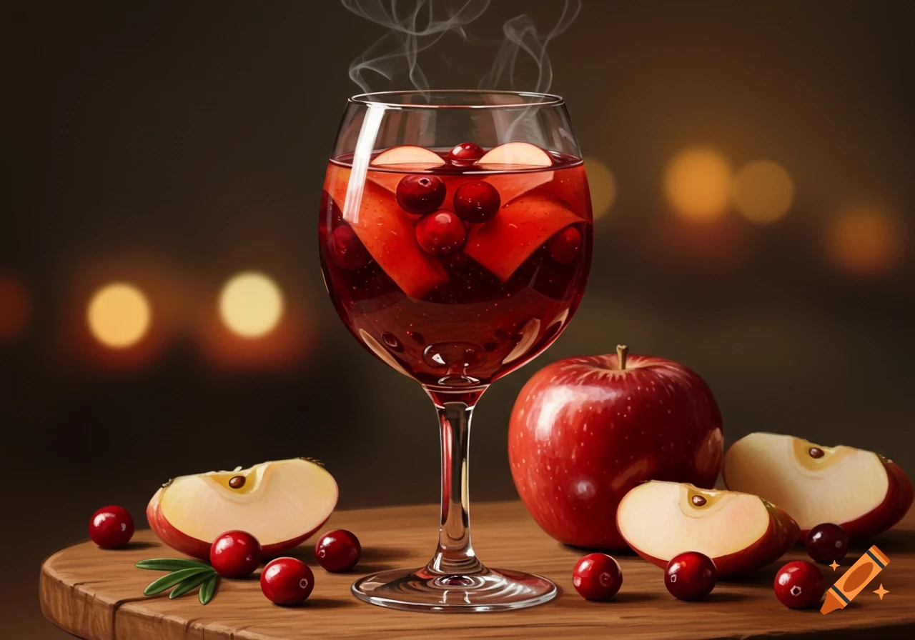 A glass of steaming red apple cranberry wine on a wooden board, surrounded by whole and sliced apples and cranberries, against a blurred background.