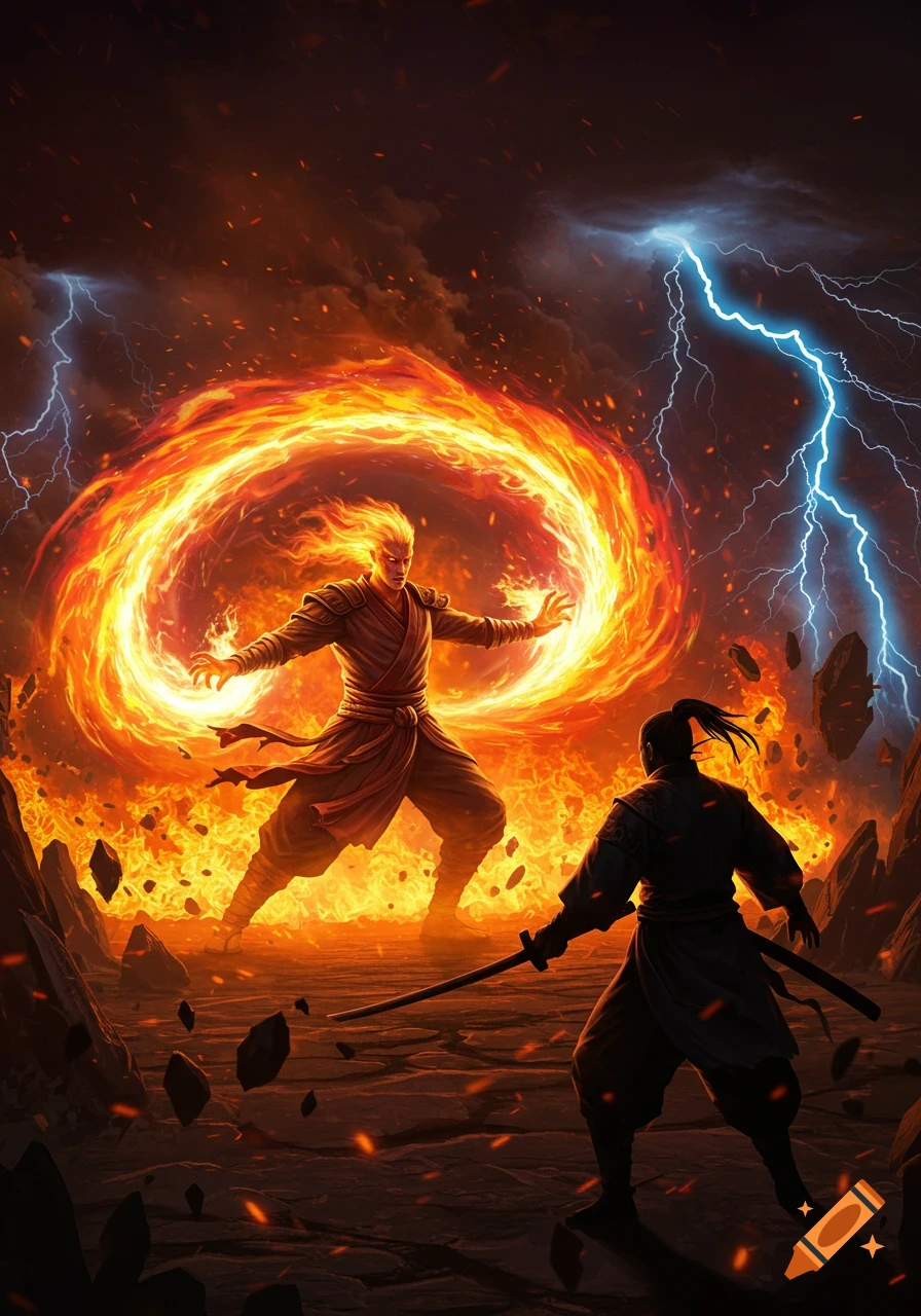An elemental master casts fire and lightning at a shadow samurai in a fiery, stormy landscape, digital art.