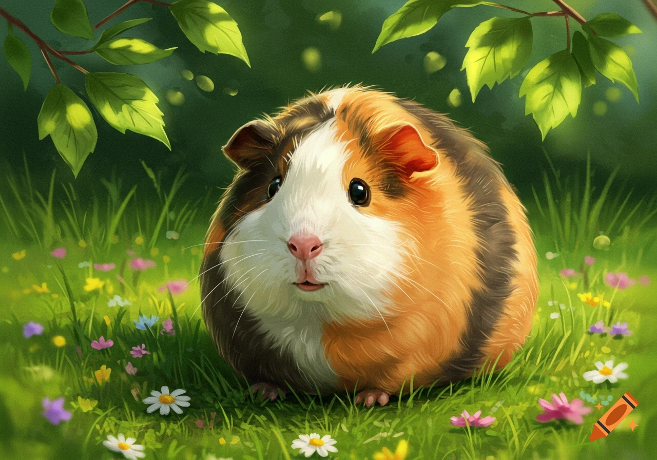 A fluffy guinea pig with brown, black, and white fur sits in a green grassy field with small colorful flowers, in an illustrative style.