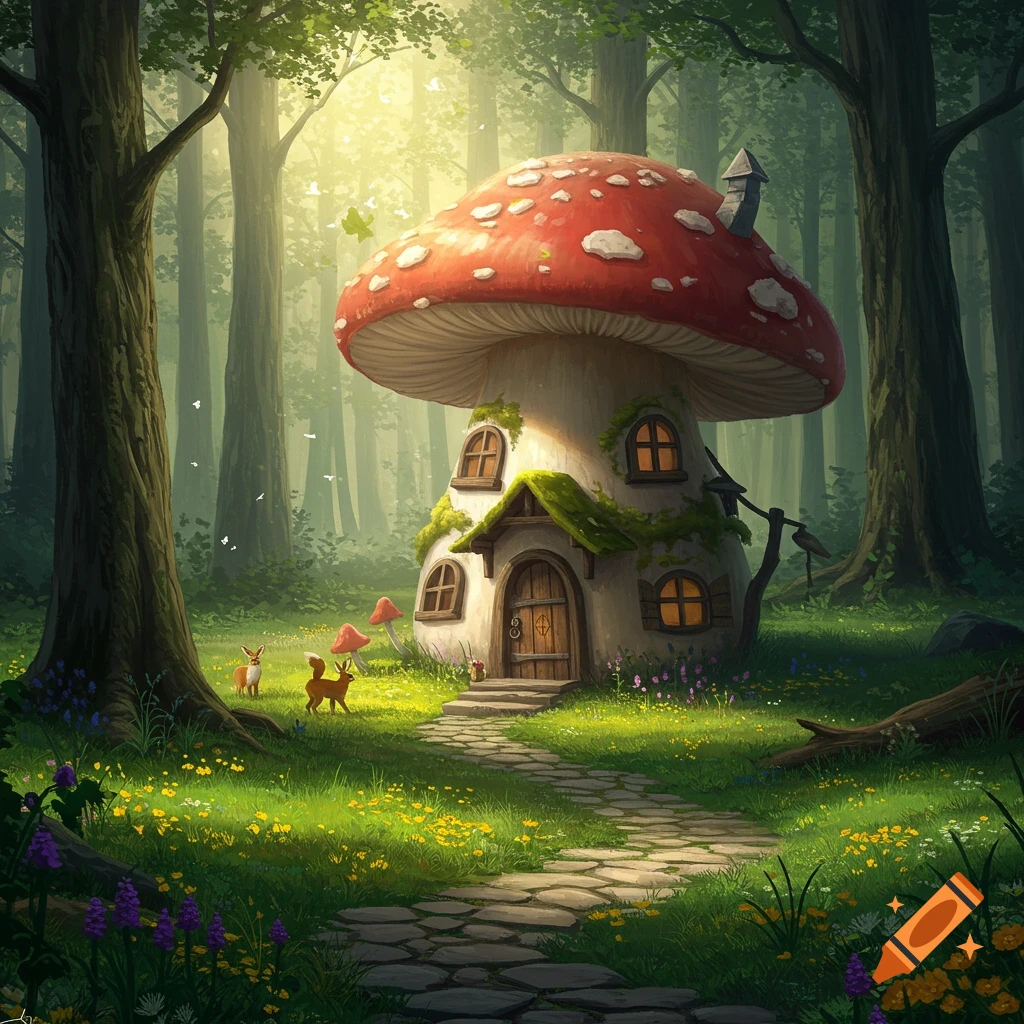 A whimsical mushroom house with a red cap sits in a lush green forest, sunlight dappling through trees, with small deer on a stone path.