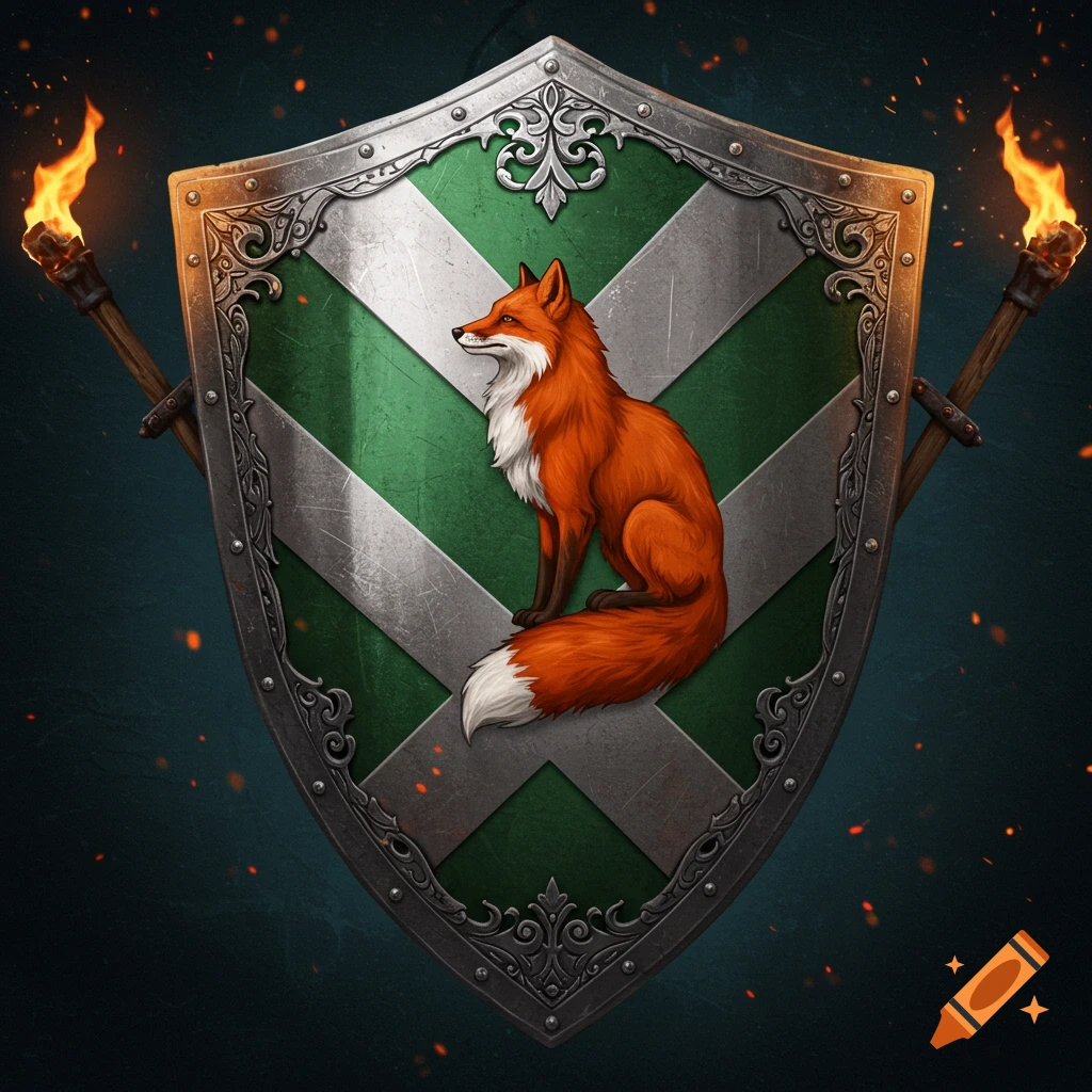 A detailed medieval shield with a green and silver cross design, featuring a red fox sitting in the center, flanked by burning torches.