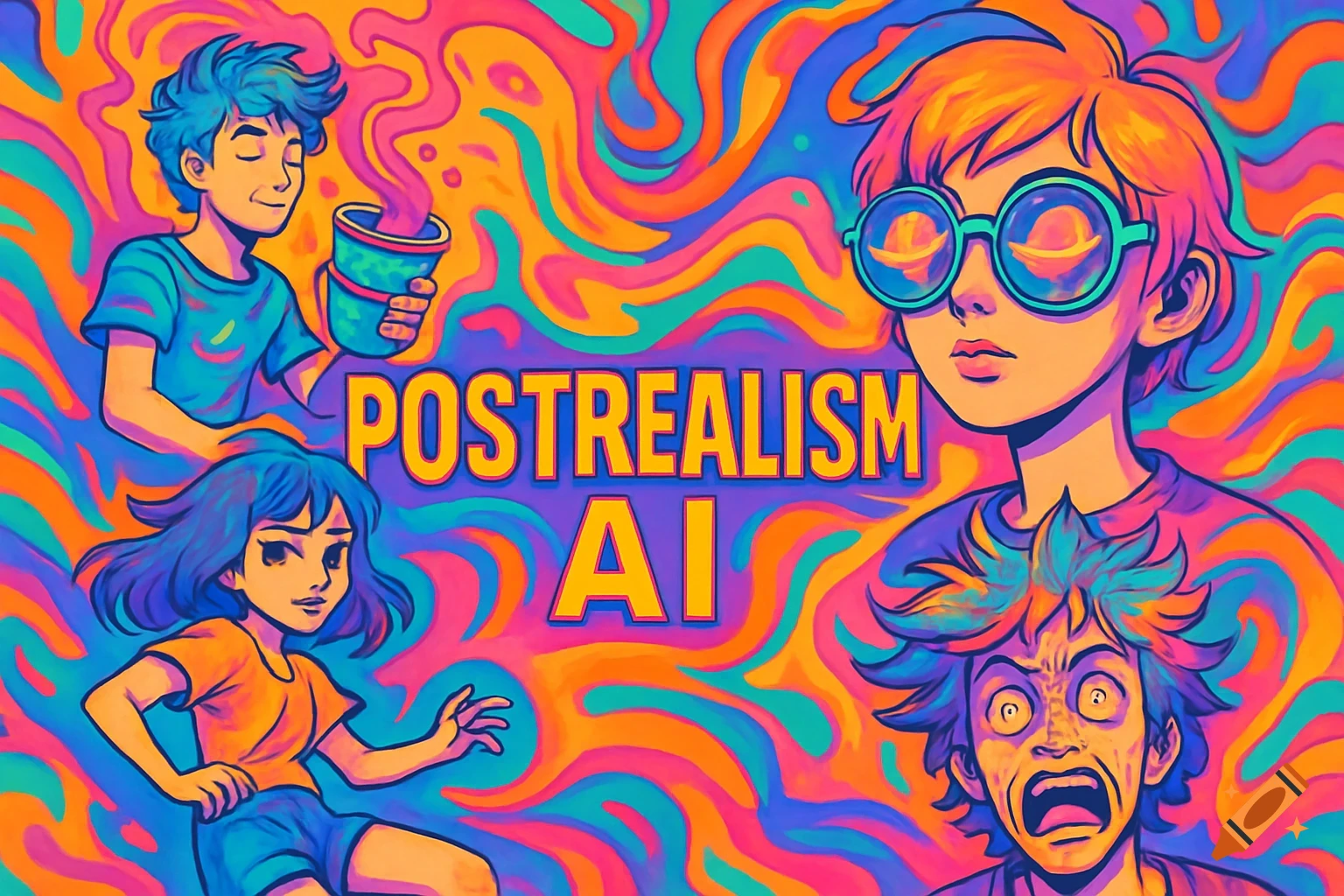 Four anime-style characters with exaggerated expressions and colorful hair on a vibrant, swirling psychedelic background with the text "POSTREALISM AI" in the center.
