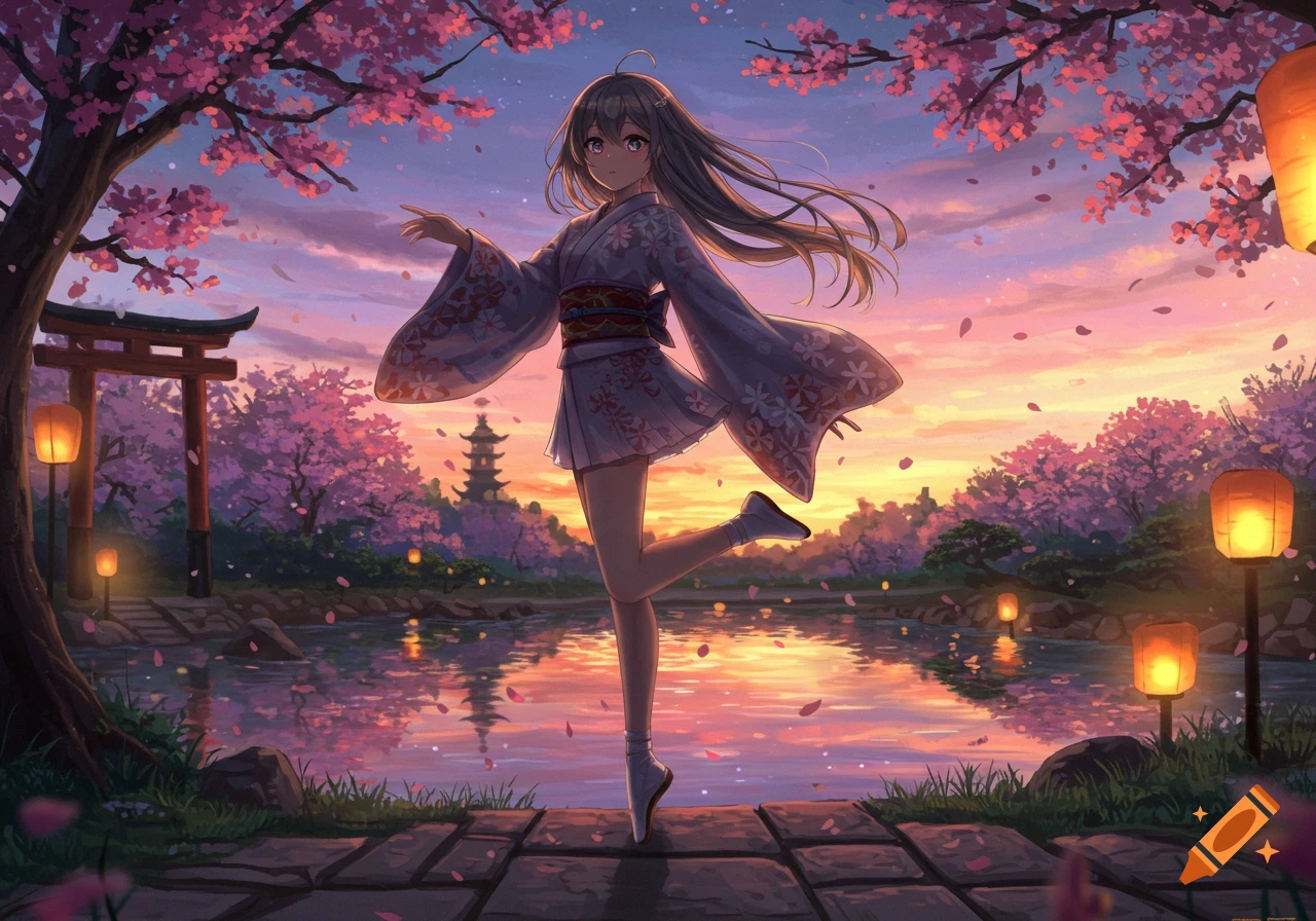 Anime girl in a white kimono balancing on one toe in a cherry blossom garden at sunset with a torii gate and pagoda.