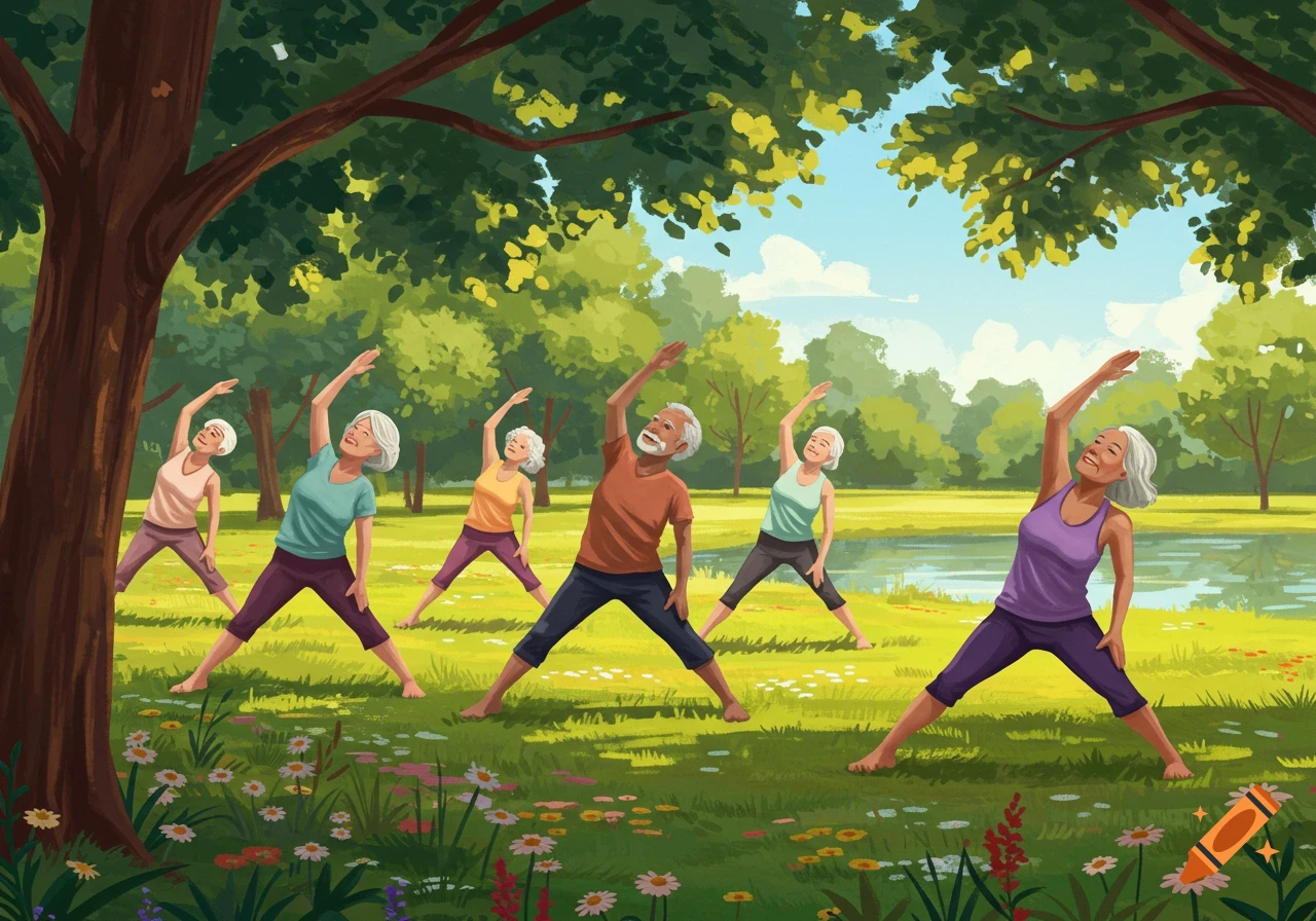 An illustration of smiling seniors doing yoga in a sunny park with trees and a pond.