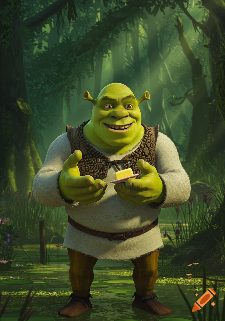 Shrek, the green ogre, smiles while holding a small butter dish in a lush, green swamp.