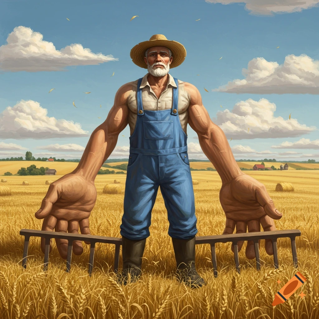 Muscular farmer with a straw hat and rake-like hands holding rakes in a golden wheat field, digital art.