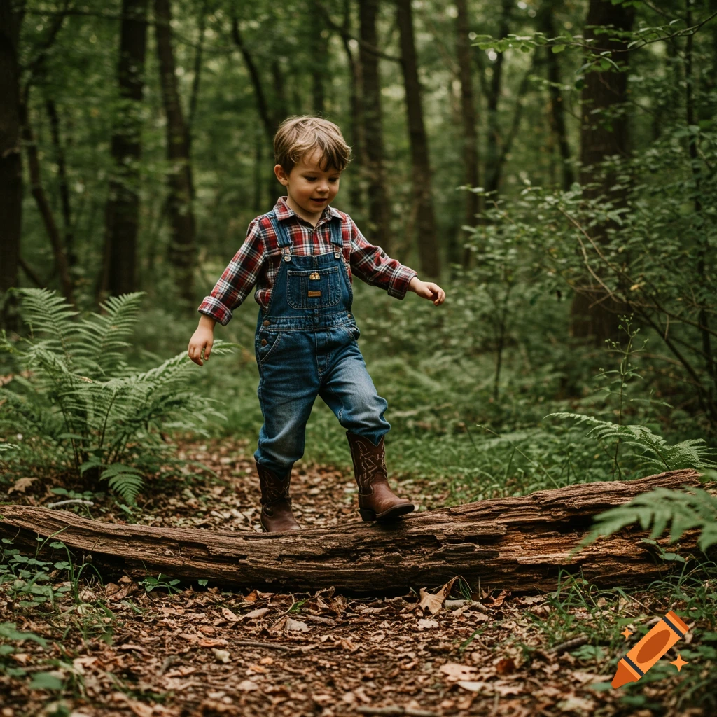 A young boy in a plaid shirt, denim overalls, and cowboy boots carefully walks across a fallen log in a forest.