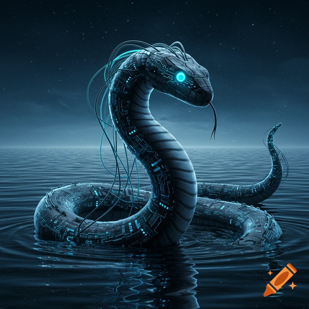 A majestic robotic serpent with circuit patterns and glowing blue eyes emerges from dark water under a starry sky.