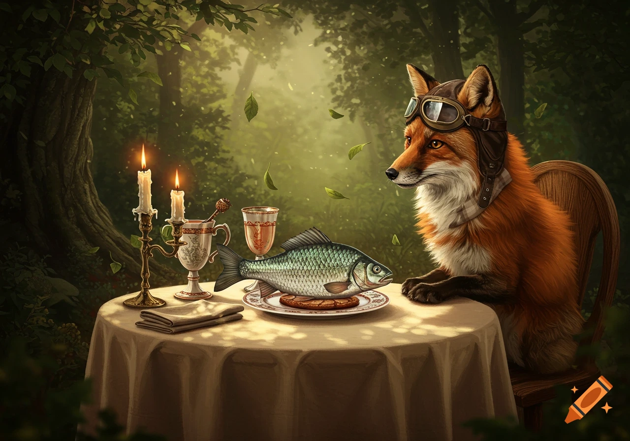 A fox wearing aviator goggles sits at a candlelit table in a forest, looking at a fish on a plate.