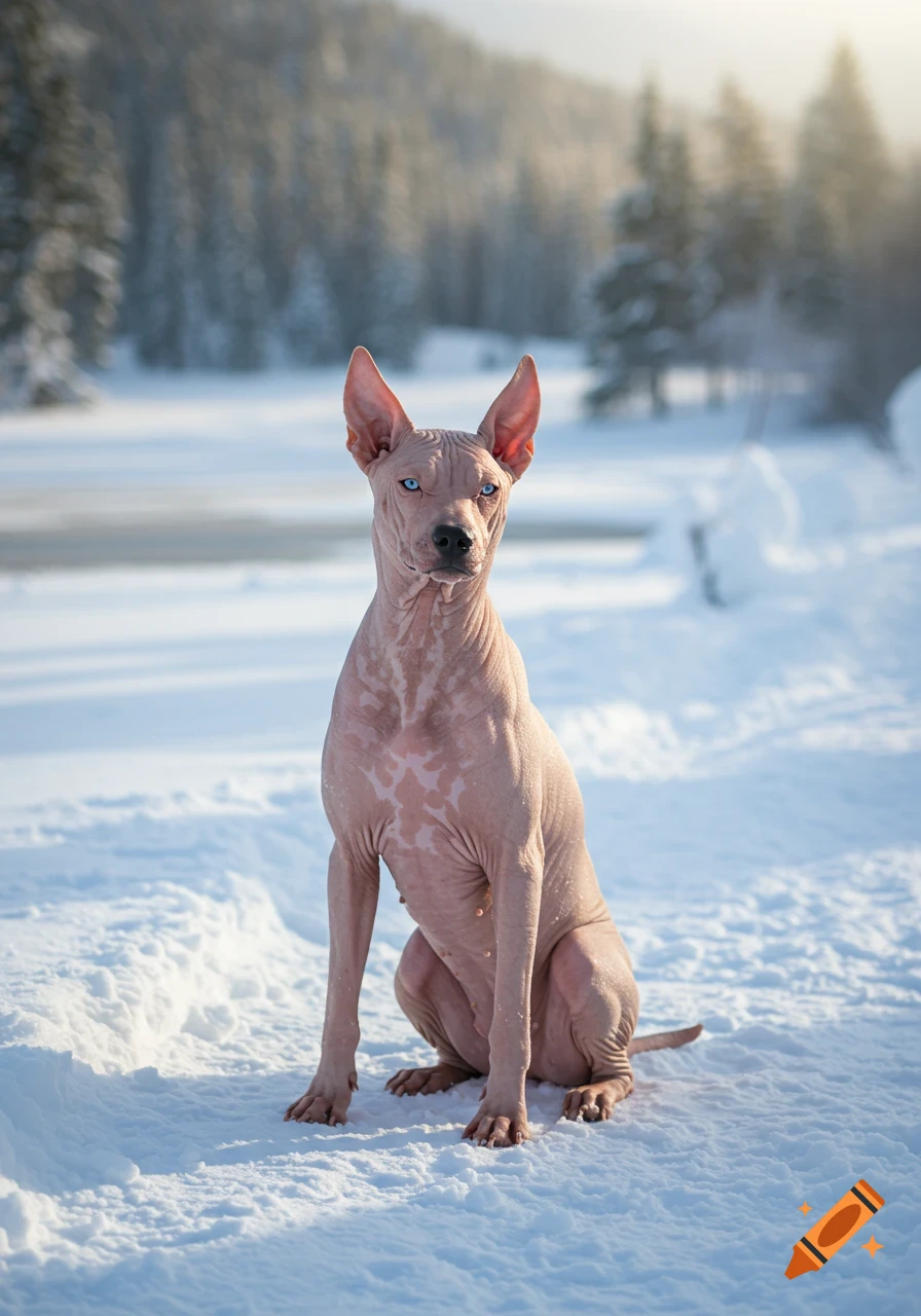 A hairless dog with blue eyes sits attentively in a snowy, sunlit forest landscape.