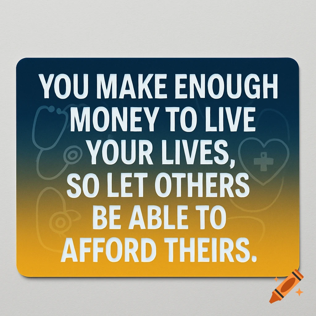 Bumper sticker with a blue to orange gradient background and white text that reads: YOU MAKE ENOUGH MONEY TO LIVE YOUR LIVES, SO LET OTHERS BE ABLE TO AFFORD THEIRS.