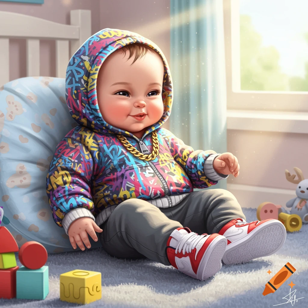 A smiling baby in a colorful graffiti-style hoodie, gold chain, and red sneakers sits on a rug with toys.