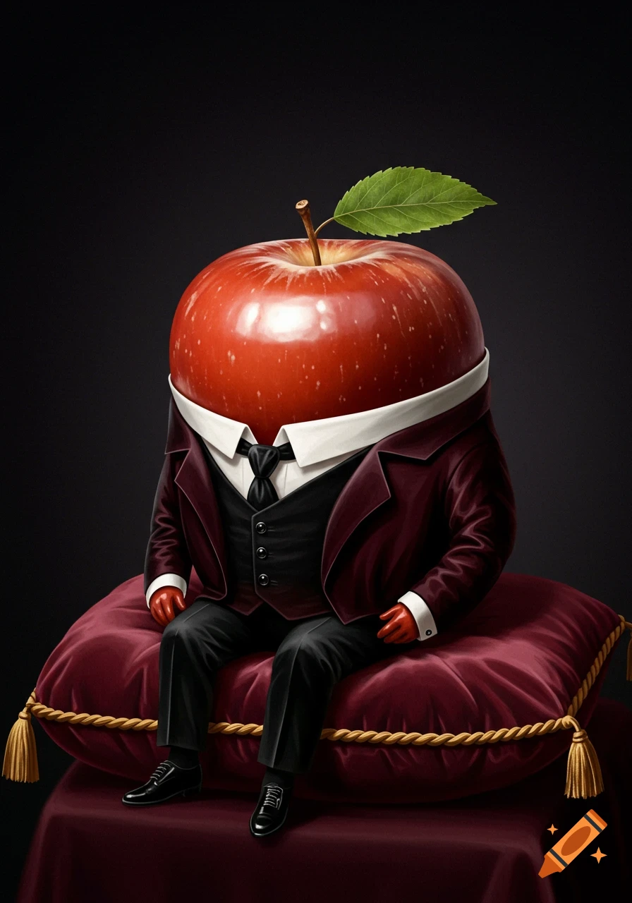 A red apple wearing a maroon suit, white shirt, and black tie, sitting on a red velvet pillow with gold tassels.