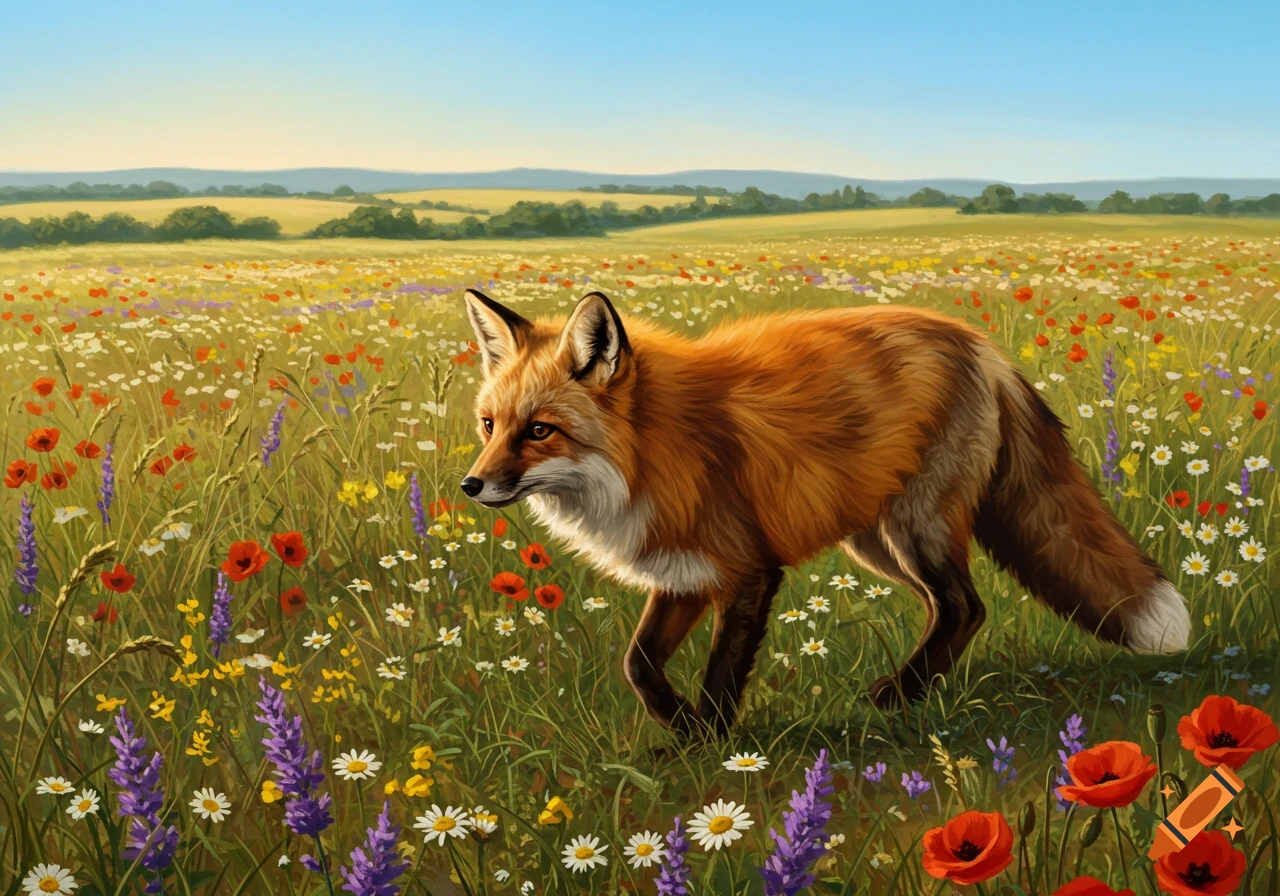 A red fox walks through a vibrant field of wildflowers under a bright blue sky.