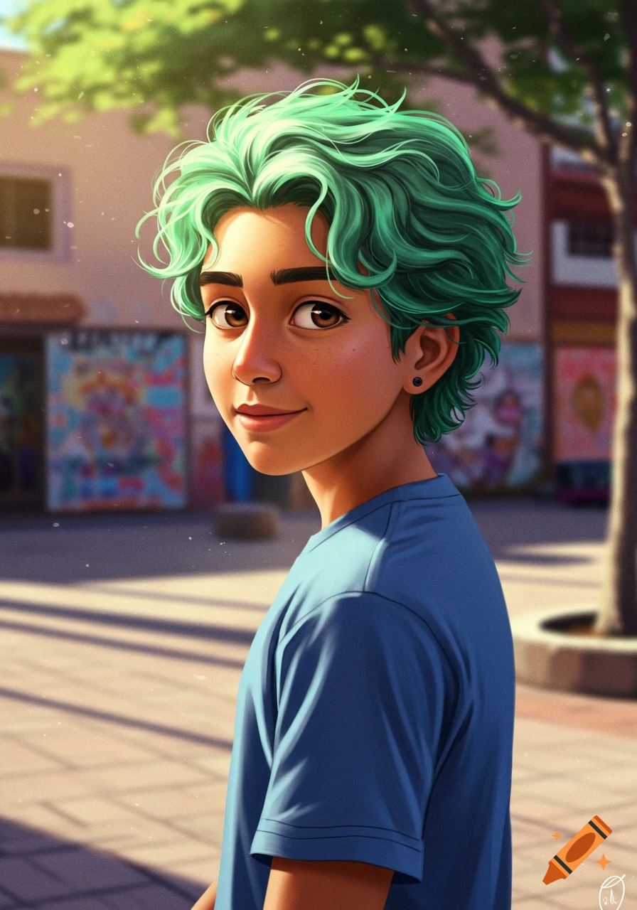 Animated boy with bright green curly hair, brown eyes, and freckles, wearing a blue t-shirt, smiling and looking over his shoulder in a sunny outdoor setting.