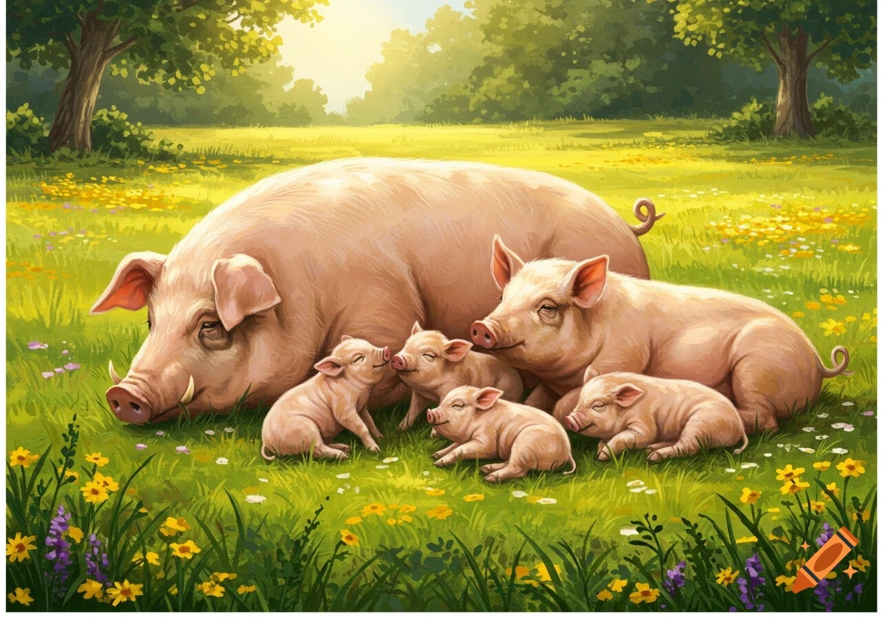 A family of pigs, including two adult pigs and several piglets, resting in a sunny green field with flowers and trees.