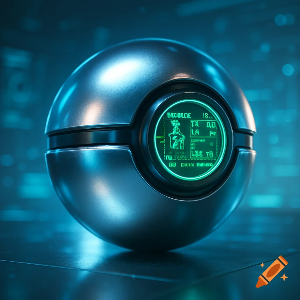 A futuristic metallic sphere resembling a Pokeball, with a glowing green digital screen displaying garbled text.