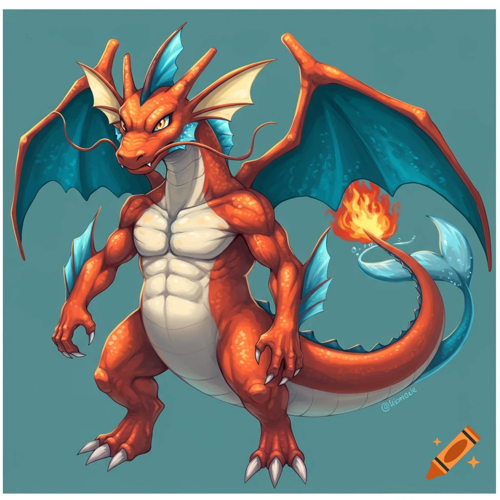 A muscular, orange dragon-like creature with blue fins, wings, and a fiery tail stands against a teal background.