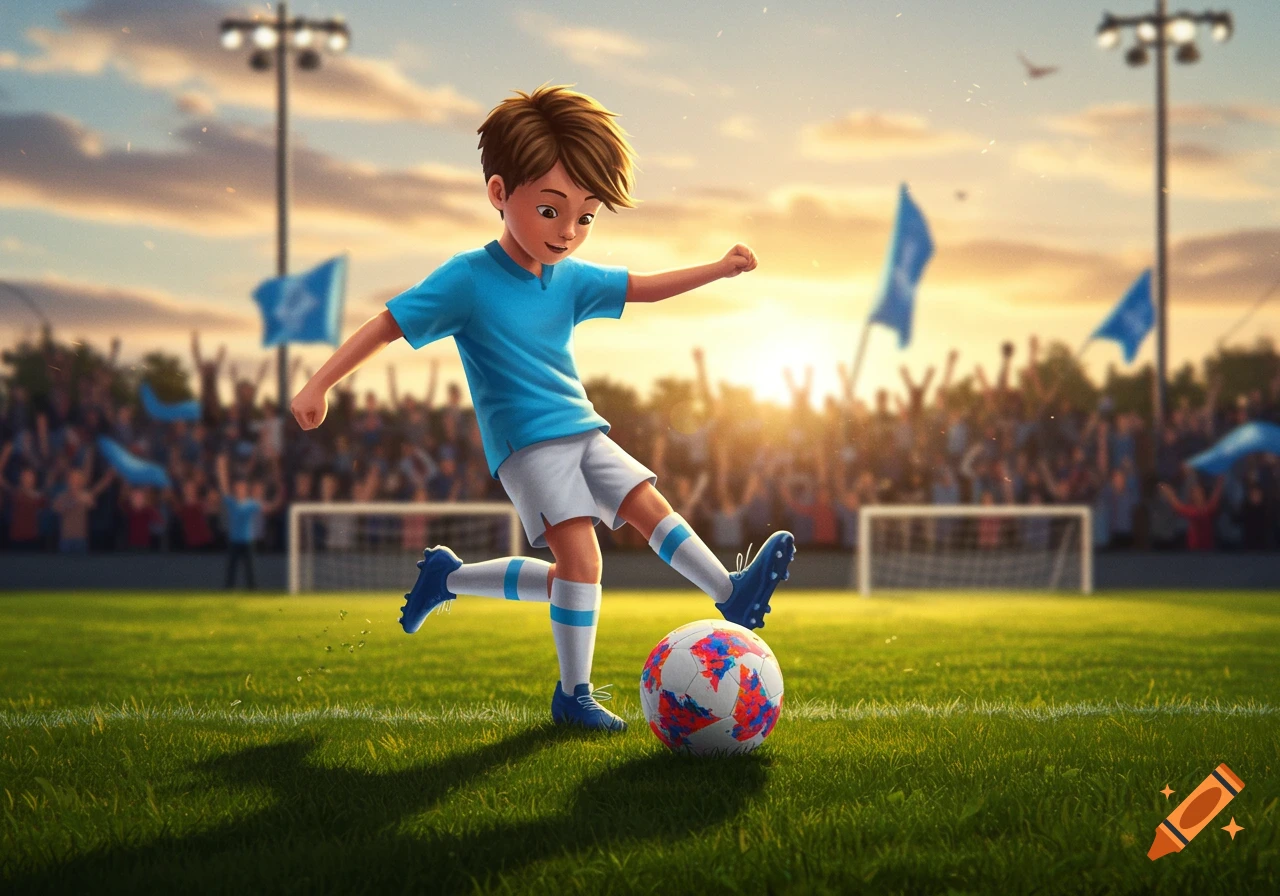 Cartoon boy in blue and white soccer uniform kicks a ball on a green field at sunset with a cheering crowd.