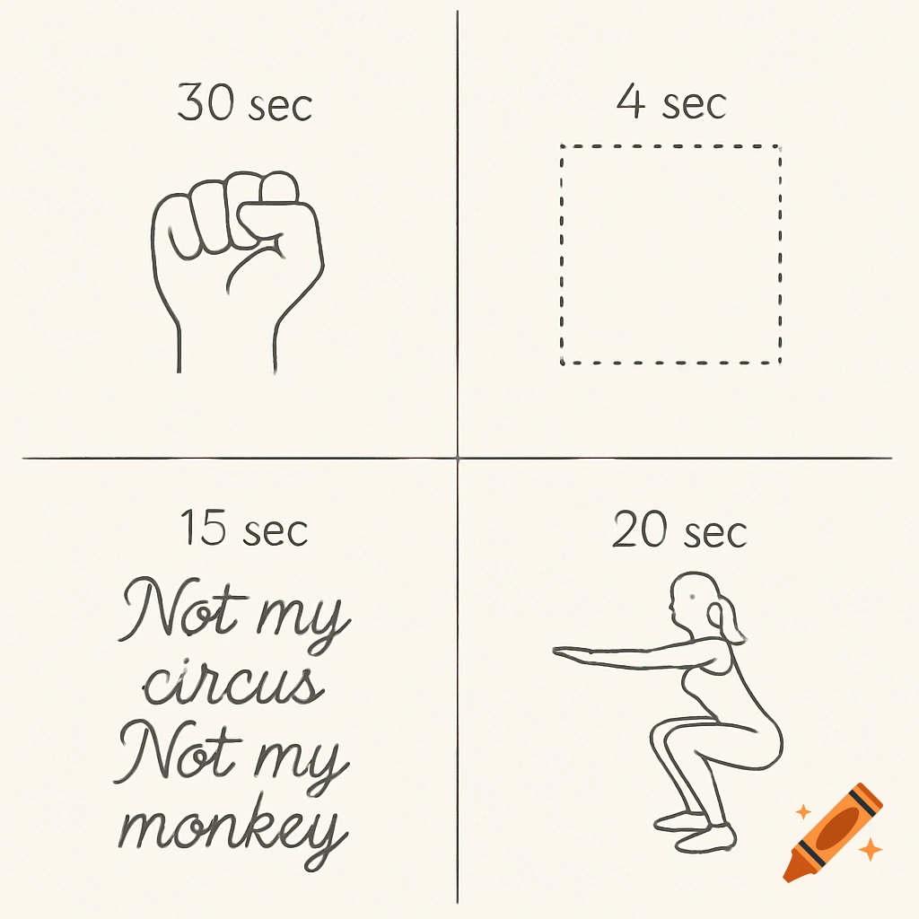 Minimalist four-panel illustration with line art: a fist, a dashed square, 'Not my circus Not my monkey', and a person squatting, each with a time duration.