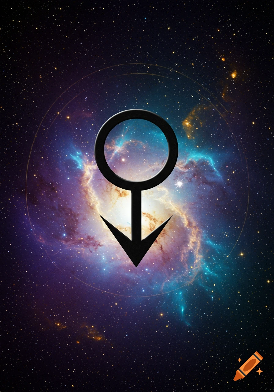 A black Eris symbol centered against a vibrant purple and blue galaxy background filled with stars.