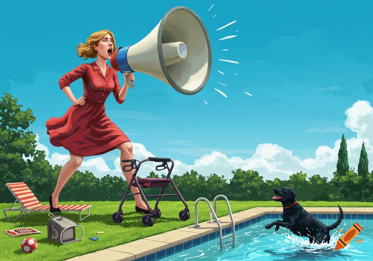 A woman in a red dress yells into a giant megaphone as a black lab jumps into a swimming pool on a sunny day. A walker is tipped over on the grass.