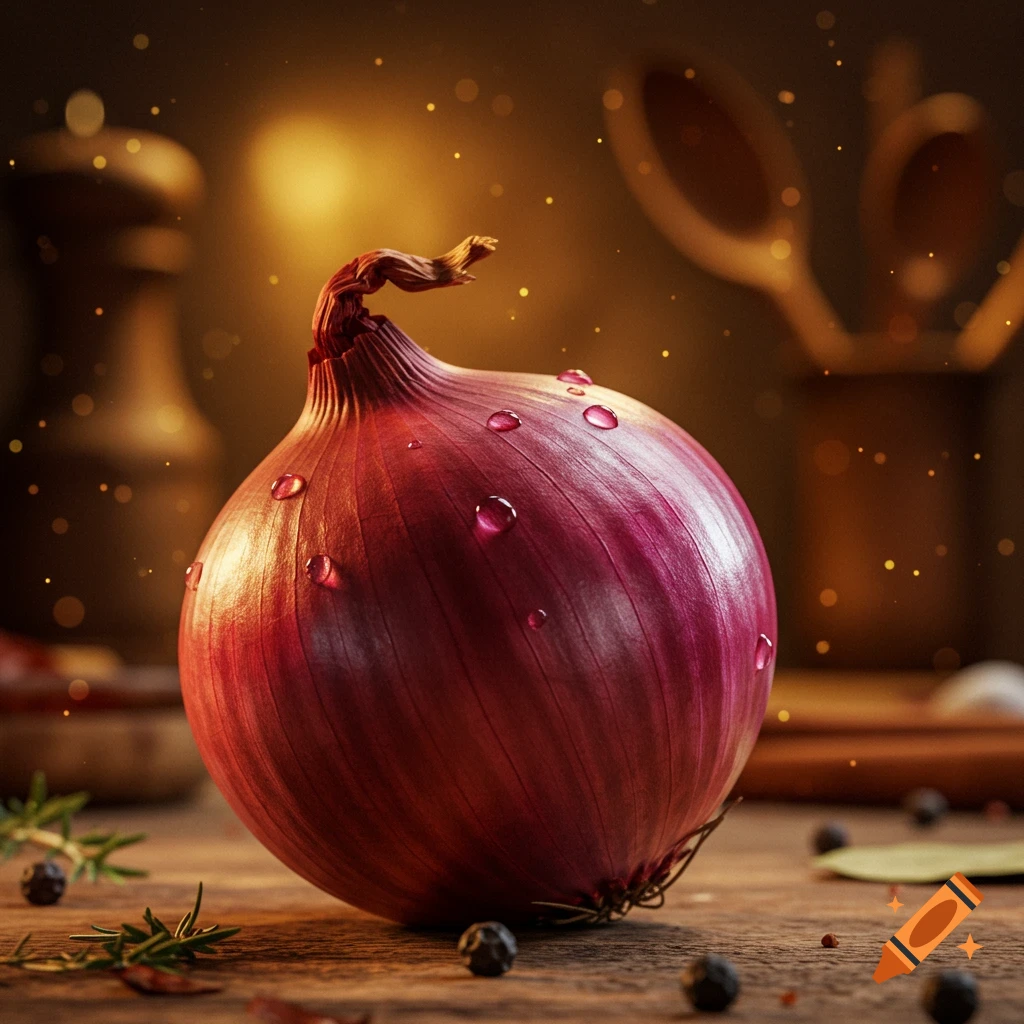 Photorealistic close-up of a red onion with water droplets on a wooden surface in a blurred kitchen background.