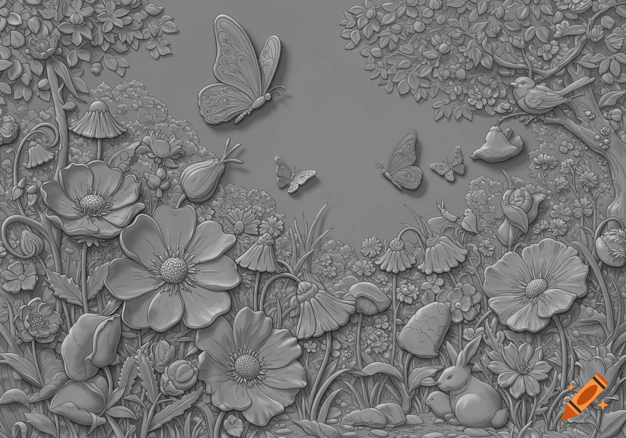 Grayscale 3D relief illustration of a whimsical forest scene with flowers, butterflies, birds, and rabbits.