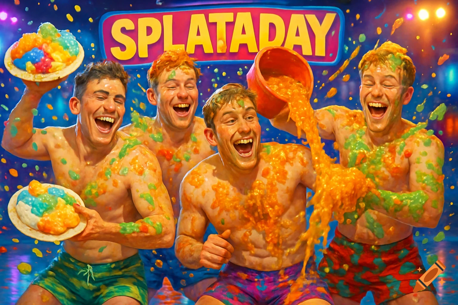 Four shirtless men in swim trunks laugh as they cover each other in colorful goo and pies at a "SPLATADAY" event.