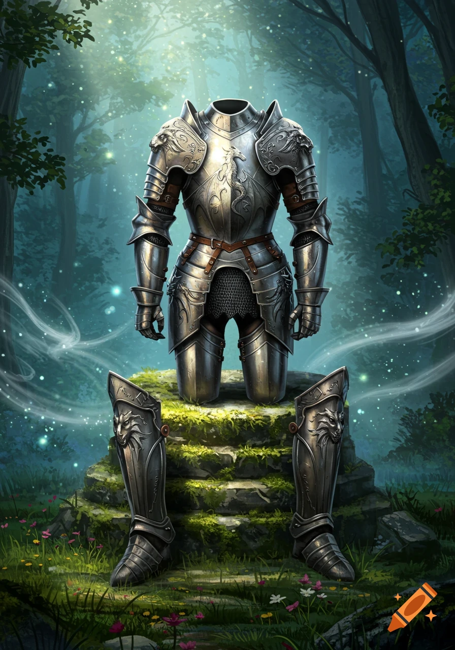 A detailed suit of medieval fantasy armor with dragon and wolf engravings stands headless on a mossy stone in an ethereal, glowing forest.