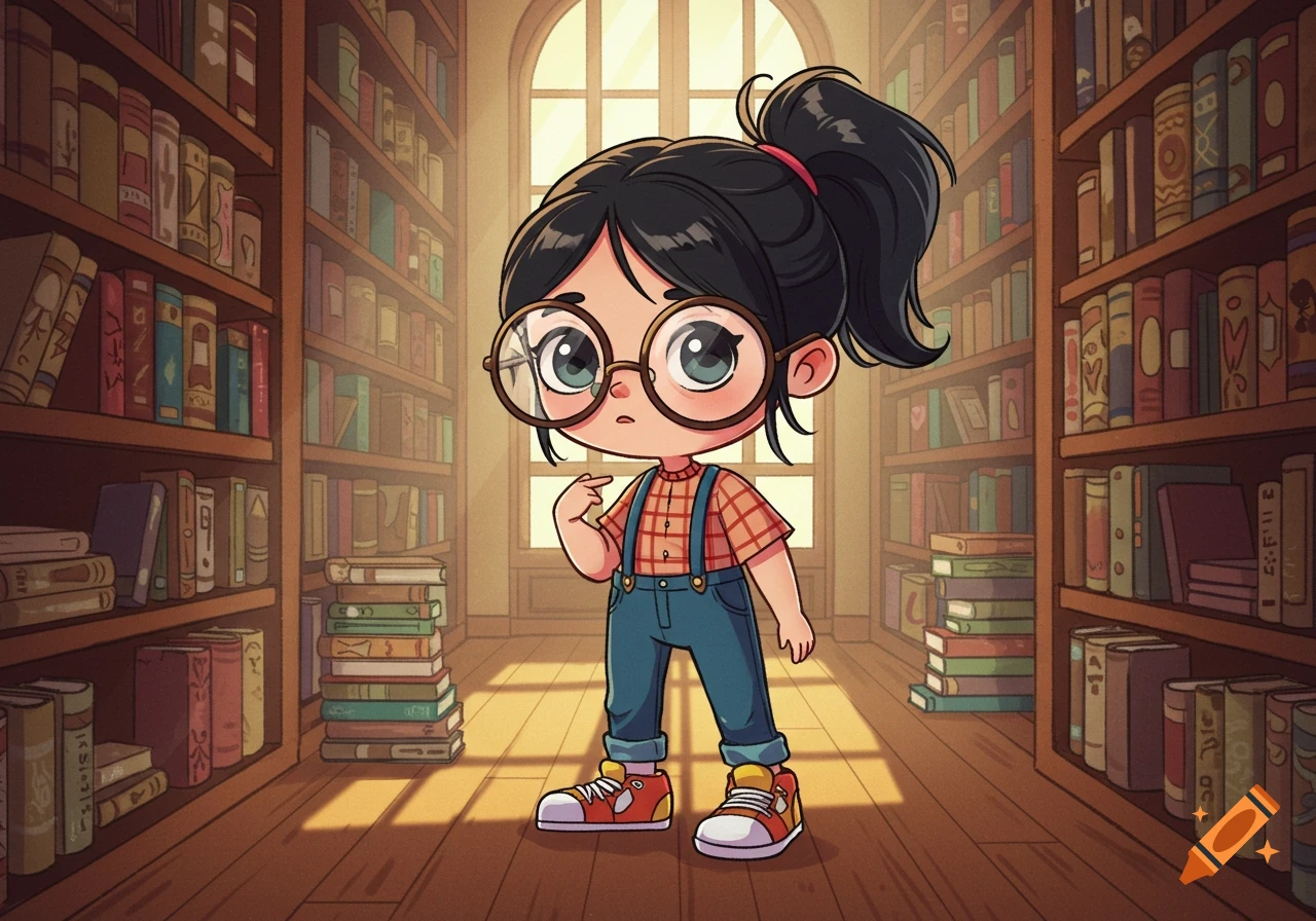 A cute cartoon girl with dark hair in a ponytail and glasses stands in a sunlit library, pointing to herself with a thoughtful expression.