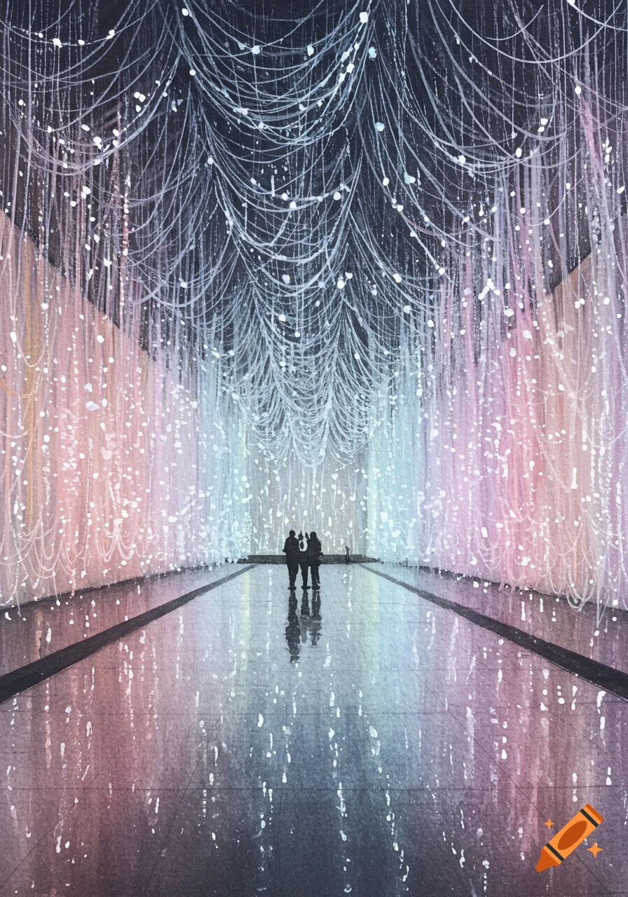 Watercolor painting of people in a glowing art installation with hanging string lights in pink, blue, and white, reflecting on a dark floor.