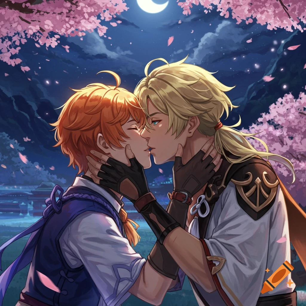 Two anime characters, Kaveh and Alhaitham, share a kiss under a crescent moon with pink cherry blossoms at night, in a romantic setting.