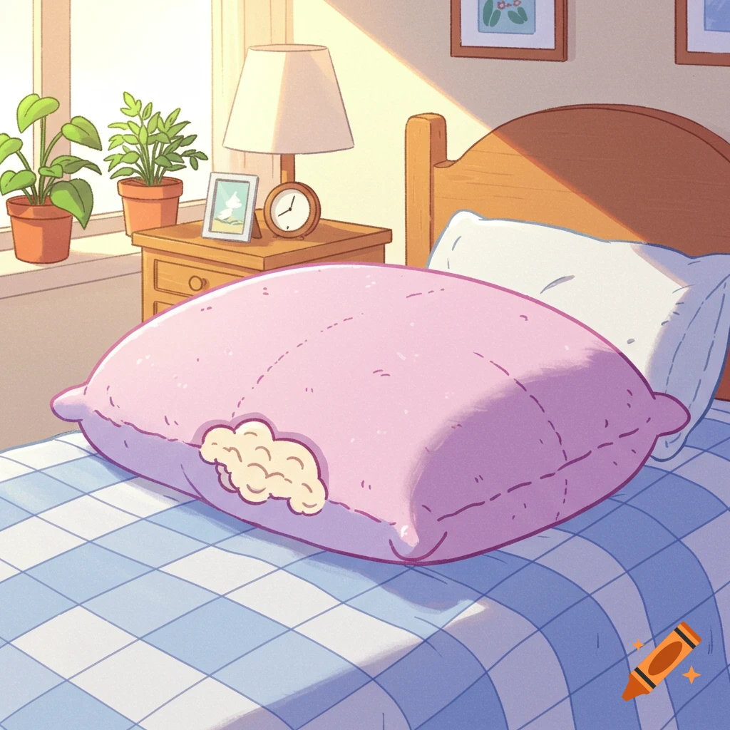 A cartoon illustration of a pink pillow with a bite mark on a blue and white checkered bed in a sunny bedroom.