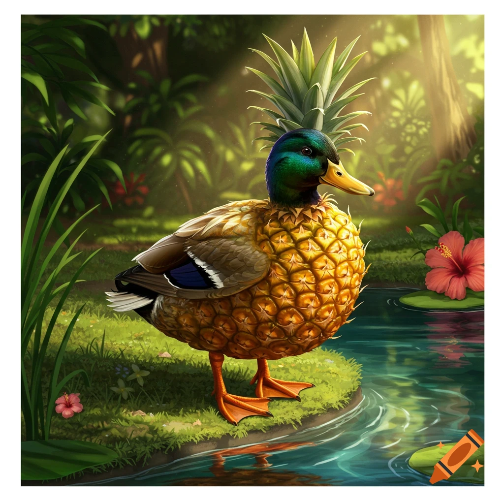 A whimsical mallard-pineapple hybrid stands by a pond in a sunlit jungle, digital art.