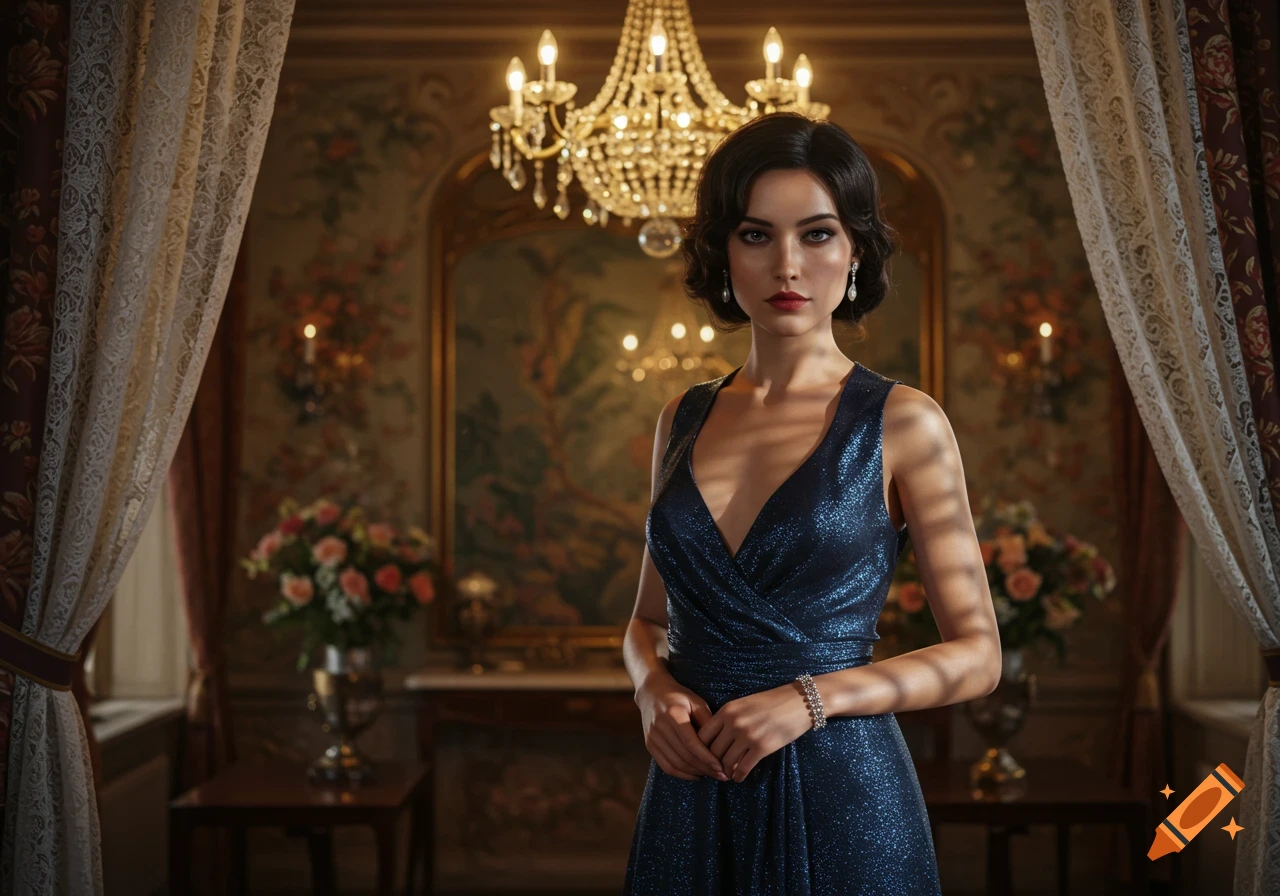 A glamorous woman with dark hair and red lips wears a sparkling blue dress, standing in a luxurious room with a chandelier and patterned wallpaper.