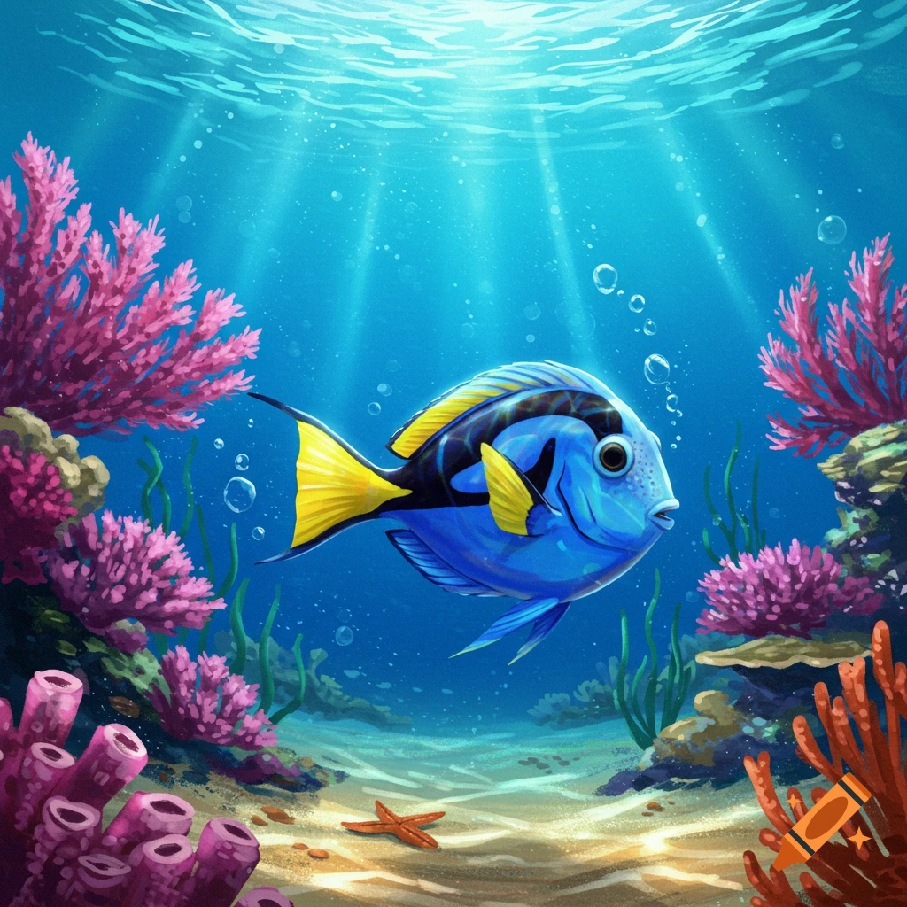 A vibrant blue tang fish swims in a coral reef with sunlight filtering through the clear blue water.