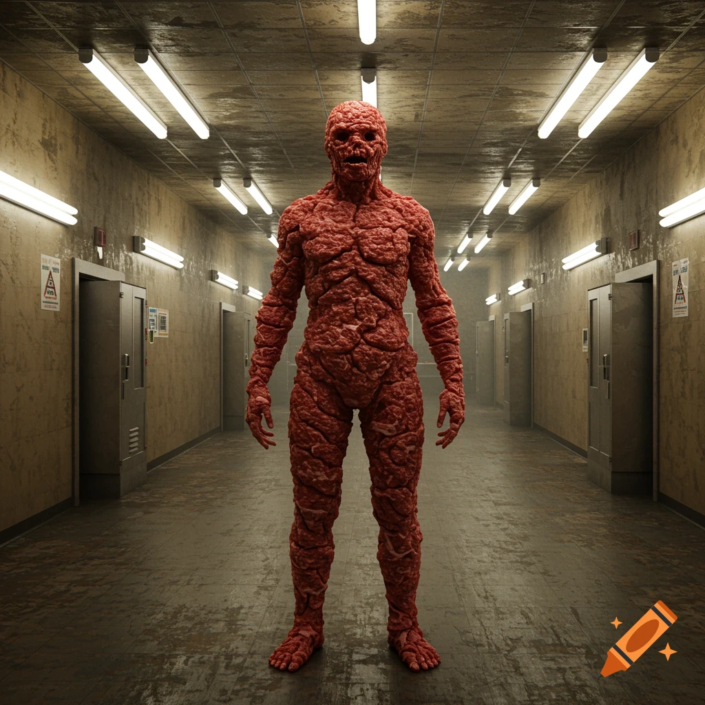 A man-like figure made of raw ground meat stands in a long, dimly lit, grungy corridor with fluorescent lights and closed doors.
