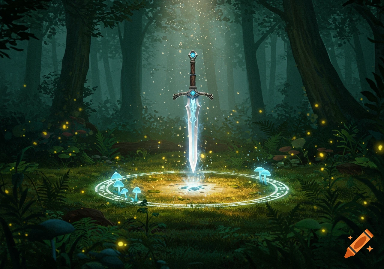 A glowing sword stands upright in a magical forest clearing, surrounded by a luminous runic circle and bioluminescent mushrooms.