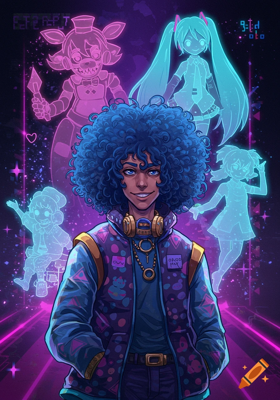 An anime guy with curly blue hair and headphones stands in a neon purple cyber-punk setting, surrounded by holographic figures including Hatsune Miku, a FNAF character, and other animated characters.