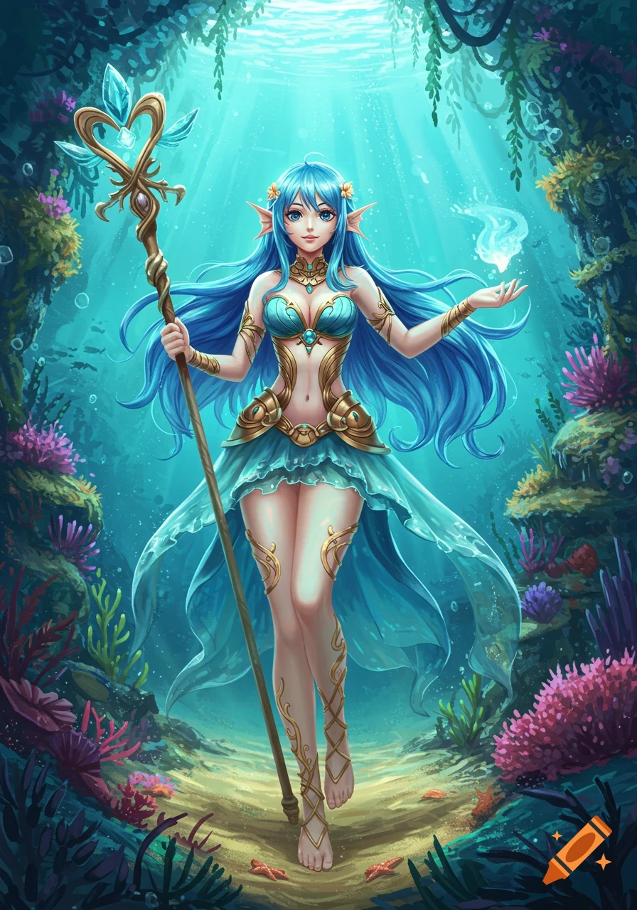 Anime illustration of a blue-haired elf-like woman with a staff, standing underwater amidst coral and marine plants.