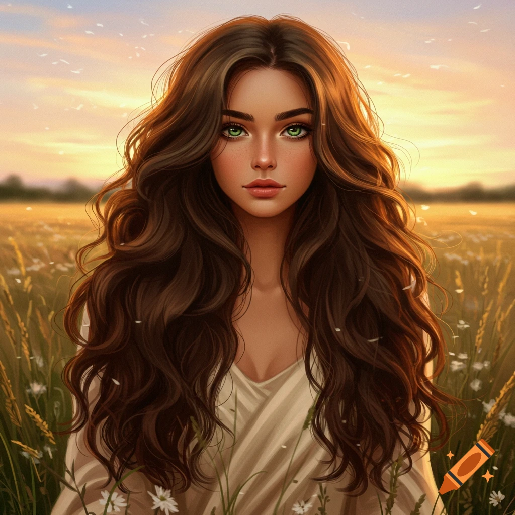 Portrait of a beautiful woman with long wavy brown hair and green eyes, standing in a field at sunset.